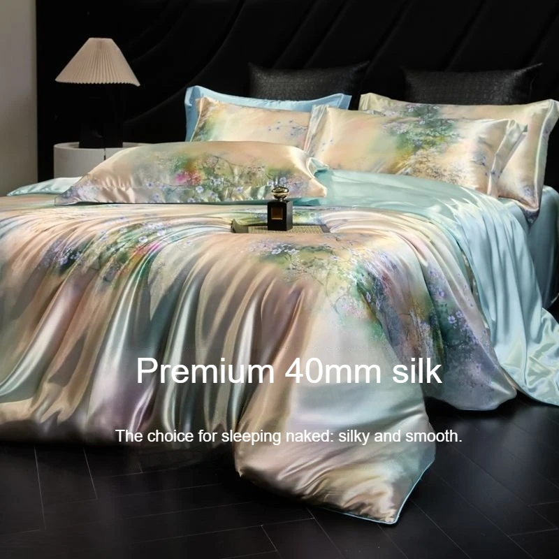 

Heavy 40 Mmi Printed Silk Double-sided Mulberry Silk Quilt Cover Mattress 4pcs Bedding Set