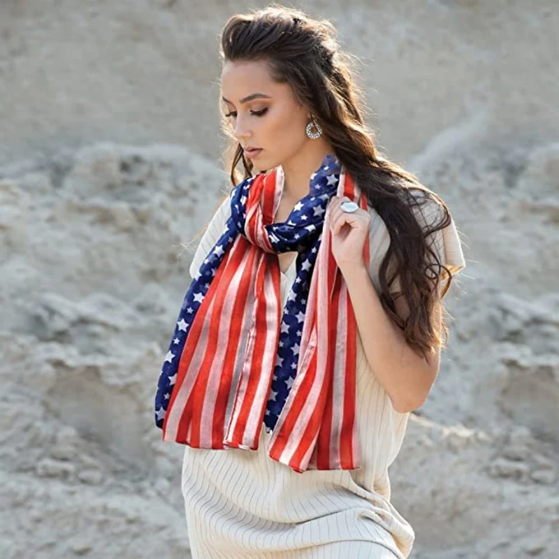 Fashion American Flag Oblong Scarfs Patriotic Stars Print Shawl Voile Soft Wrap Geometric Stripes Scarf