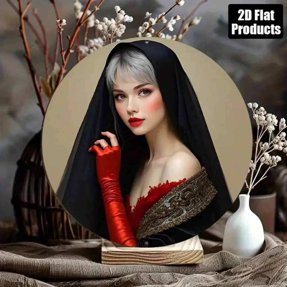 2D Flat Hd Metal Wall Art Mysterious Fantasy Woman Silver Short Hair Black Veil Red Lips Off-Shoulder Dress Golden Em