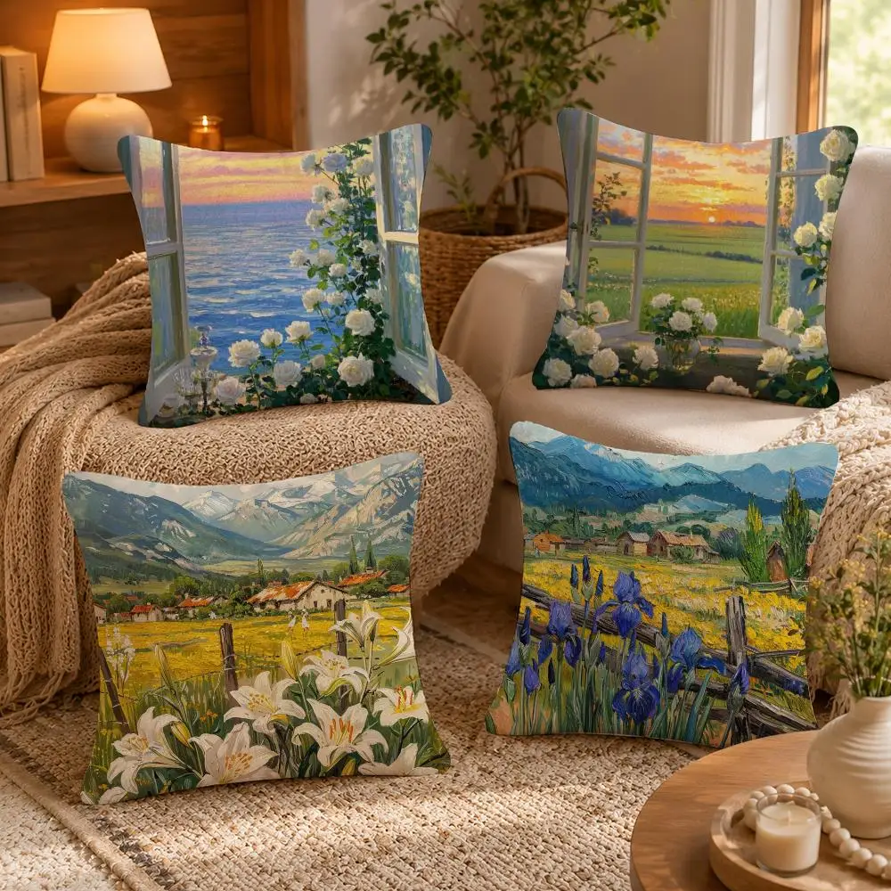 Landscape painting style Cushion Cover Anti-dustmite Pillowcase Invisible zipper silky short plush Sofa cushion cover