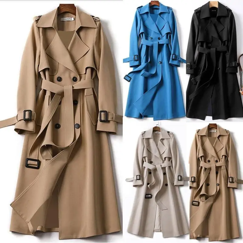 

Windbreaker Women's British Style Coat Over The Knee Version Plus Size Trendy Overcoat Solid Slim Jacket Outerwear Trench Autumn