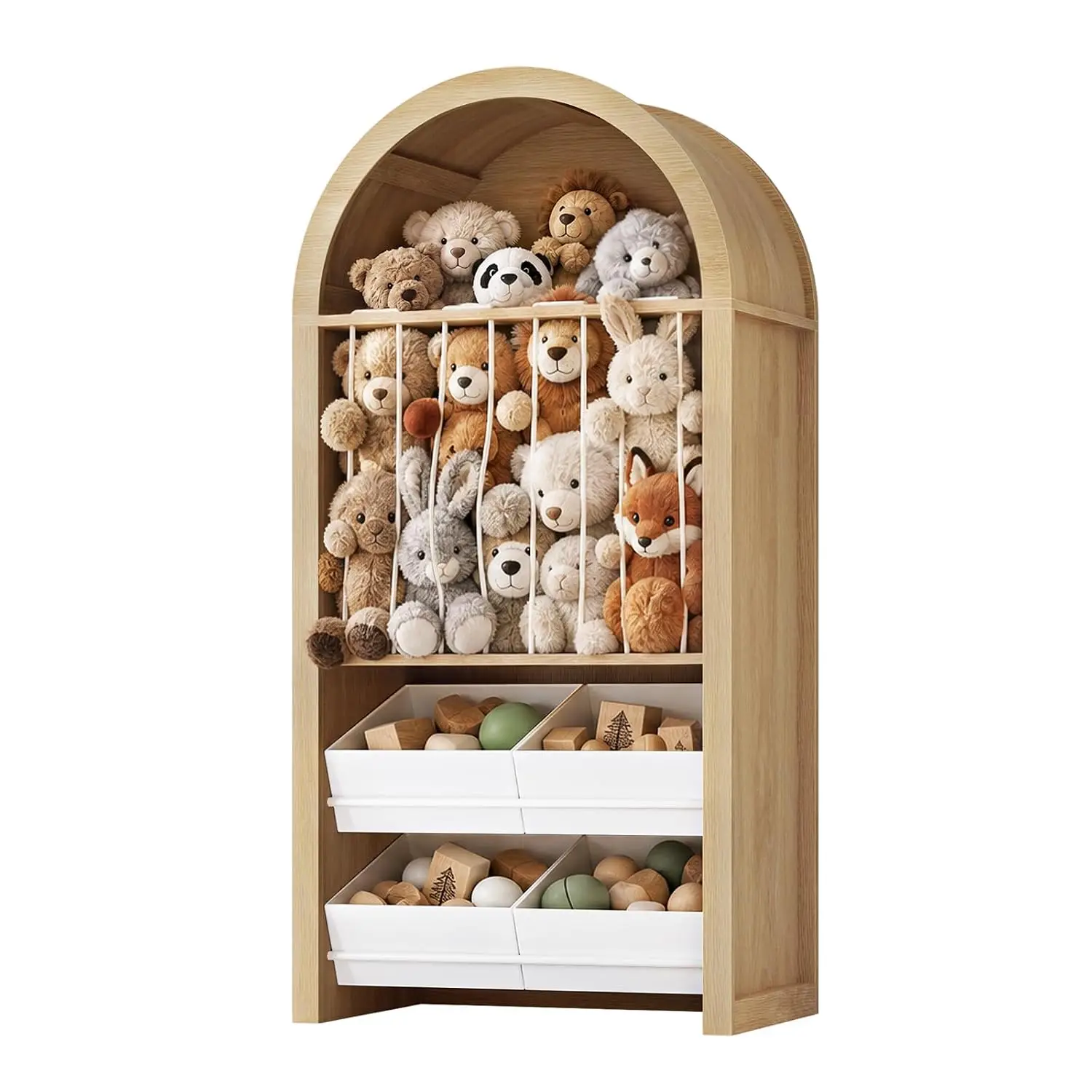 51.8" Tall Arched Toy Storage Cabinets, Oak Color