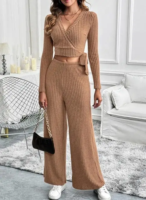 

Two Piece Set Women Outfit 2025 Spring Autumn New Solid Color V-Neck Long Sleeve Lace Up Top & Casual High Waist Knit Pants Set