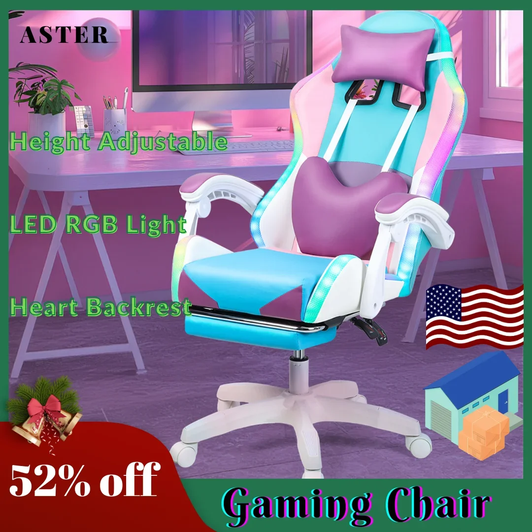 Gaming Chair 360 Degree Rotation Office Chair With RGB LED Lights Height Adjustable Girl Video Chair With Massage And Footrest