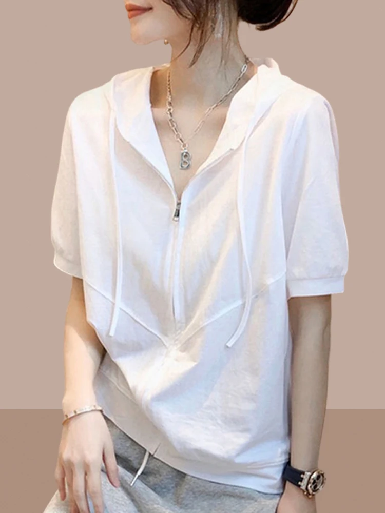 

Summer 2025 New Pure Cotton ort Sve Women's T-irt Hoodie Faionable ort Sle White plus Size Cover Belly Top