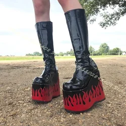 Rote Flamme Muffin Bottom Stiefel runde Zehen Seite Reiß verschluss Lack leder Schuhe Frühling neue Mode Punk-Stil Stiefel Zapatos Para Mujere