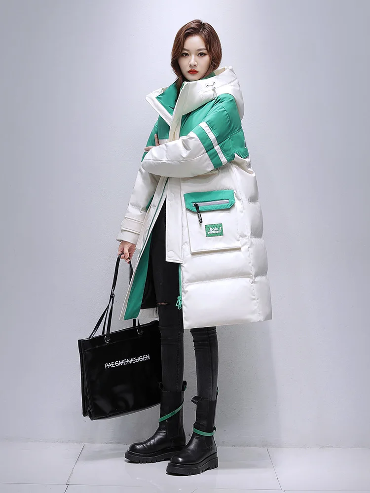 Long Down Jacket Women Thicken Winter Fashion Patchwork Color Contrast Hooded 90% White Duck Down Coat Female Parka Warm