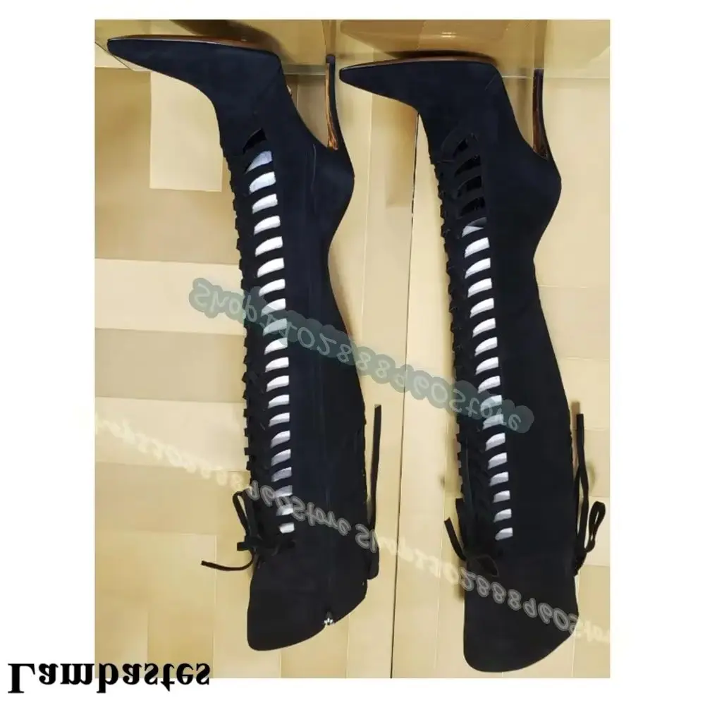 

Black Flock Hollow Beveled Pointy Boots Thin High Heel Shoes For Women Side Zipper Pointed Toe Casual Party Stylish Women Boots