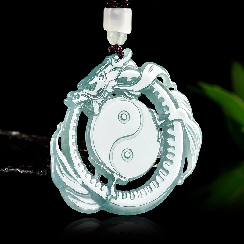 

Authentic Myanmar jade pendant Dragon & Tai Chi Amulet A-Grade Blue Water Ice Jade for Men Women Meditation & Protection