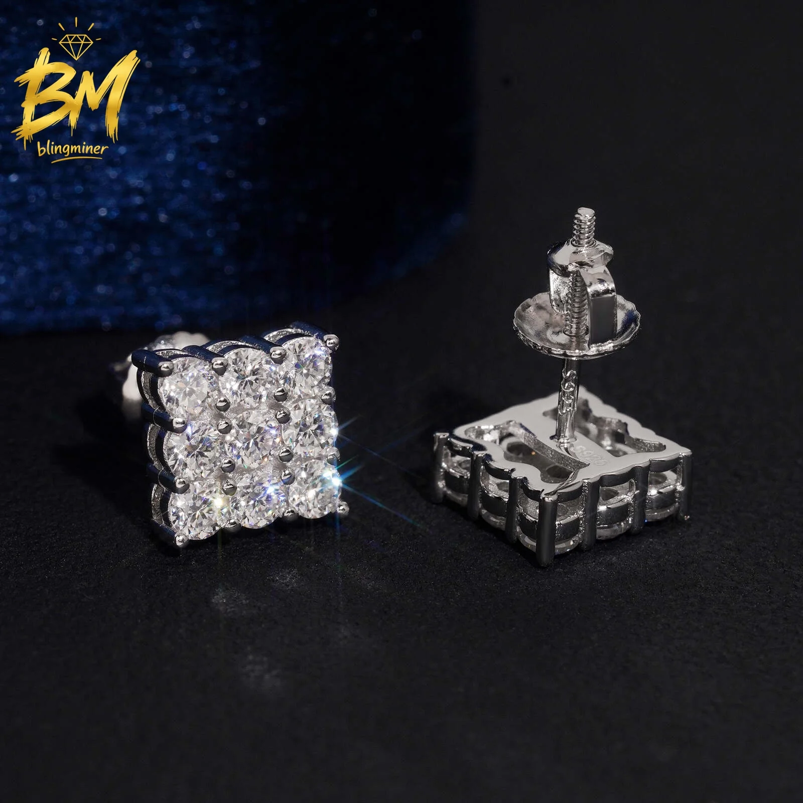 Blingminer 8mm Square VVS Moissanite Earrings For Men Women S925 Silver Ear Studs Jewelry Pass Diamonds Tester GRA Free Shipping