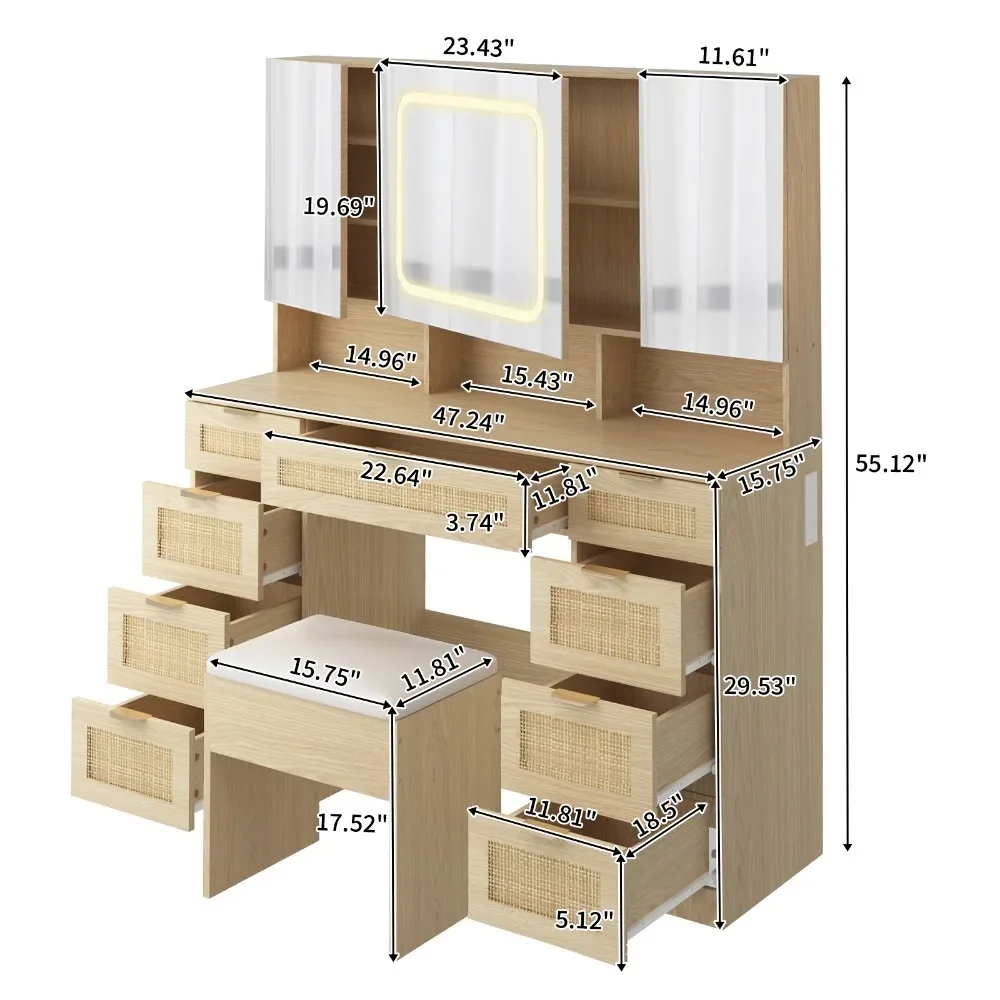 Rattan 9 draw 3 mirror cabinet contains 1 LED3-tone light touch mirror door dressing table set with plug-in large size Dressers