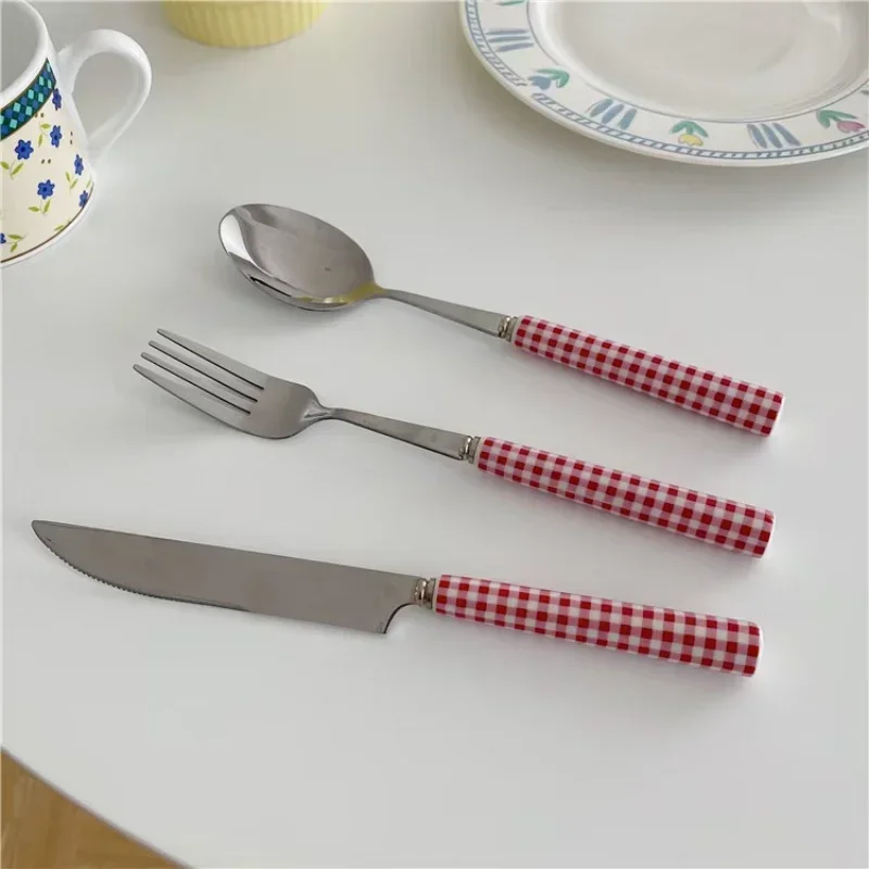 Red blue checkered spoon stainless steel knife and fork knife