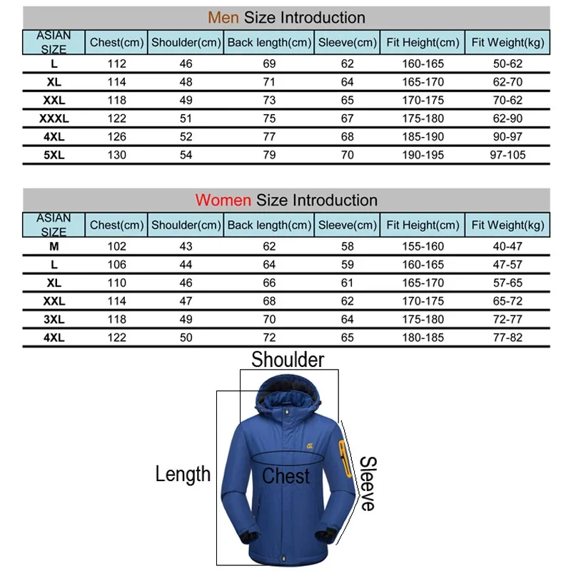Men Women Winter Trekking Ski Jacket Hiking Waterproof Thicken -20 Degree Super Warm Breathable Outdoor Camping Coat