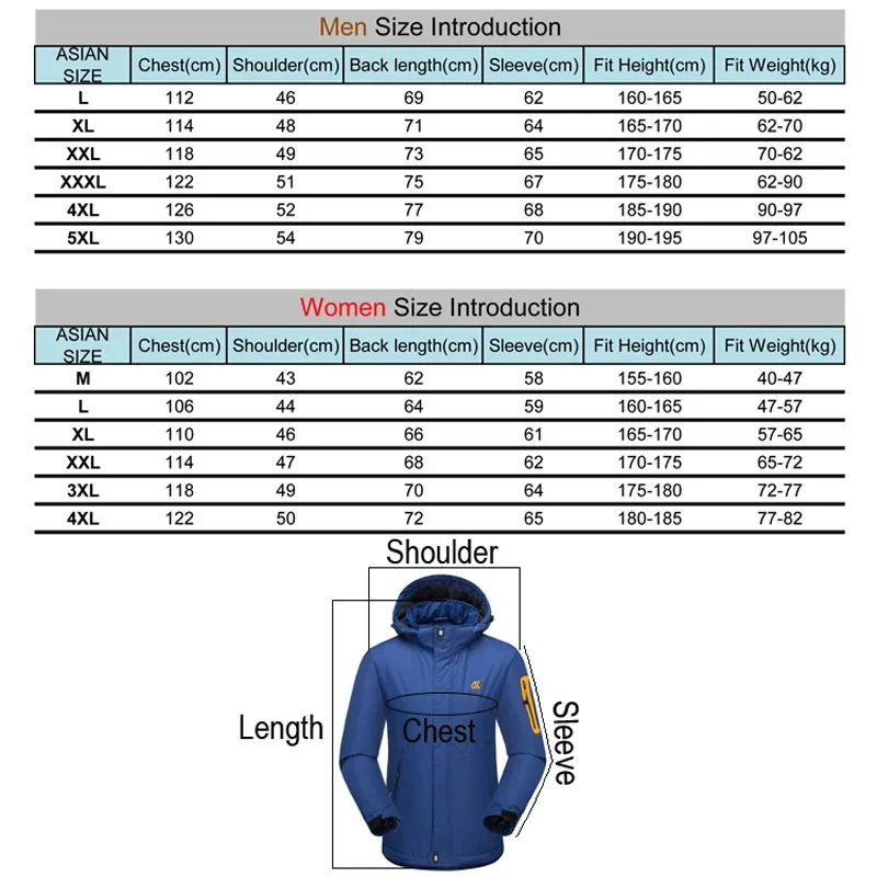 男性と女性のための防水トレッキングスキージャケット、厚くコート、超暖かい、通気性、屋外キャンプ、冬、-20度