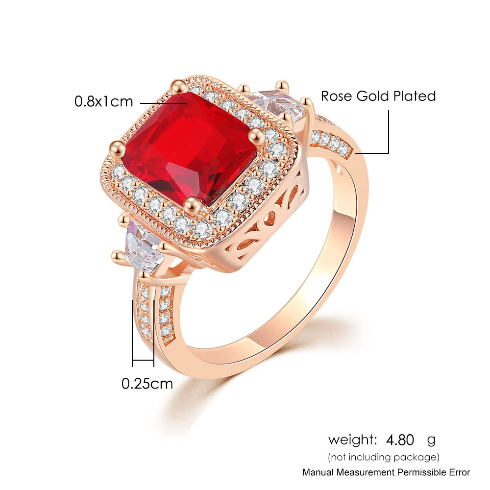 ZHOUYANG Luxury Women\'s Ring With Big Stone Retro Square Red Green Zircon Rose Gold Color Wedding Bride Accessories Jewelry R358