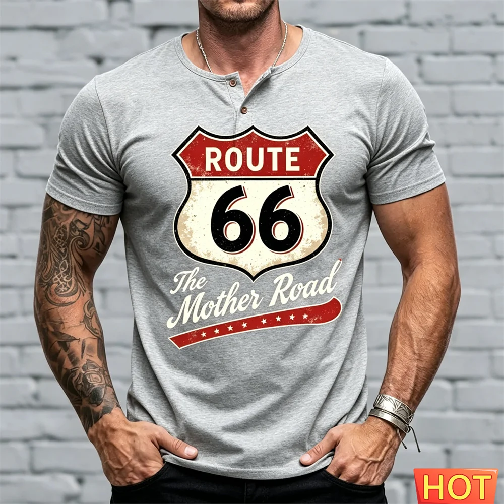 Men's Henry T-shirt Summer Men button up T-shirt 66 Patter T-Shirt Casual Round Neck Short Sleeve Top Vintage Sports Henry shirt