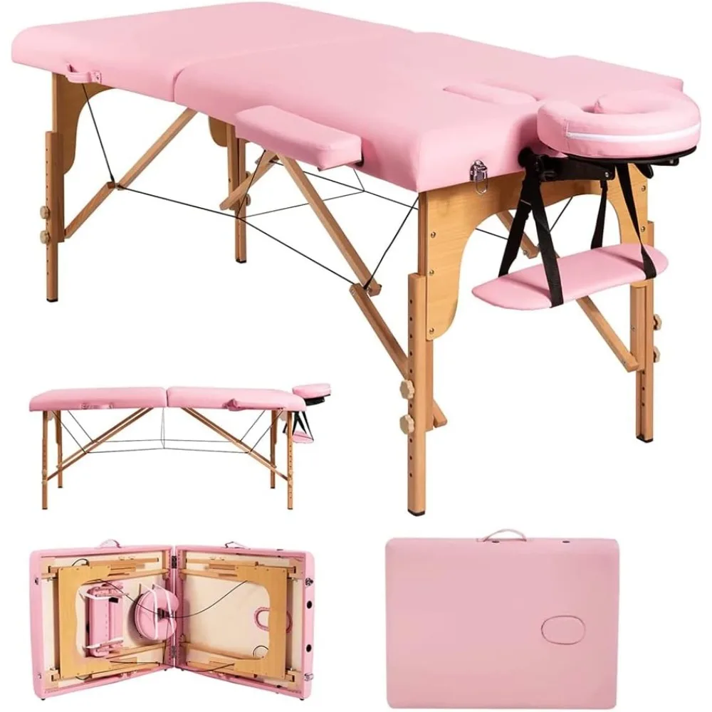 

Portable Massage Table, Massage Spa Bed, Massage Therapy Table with Beech Stands, Adjustable 2 Fold Salon Bed