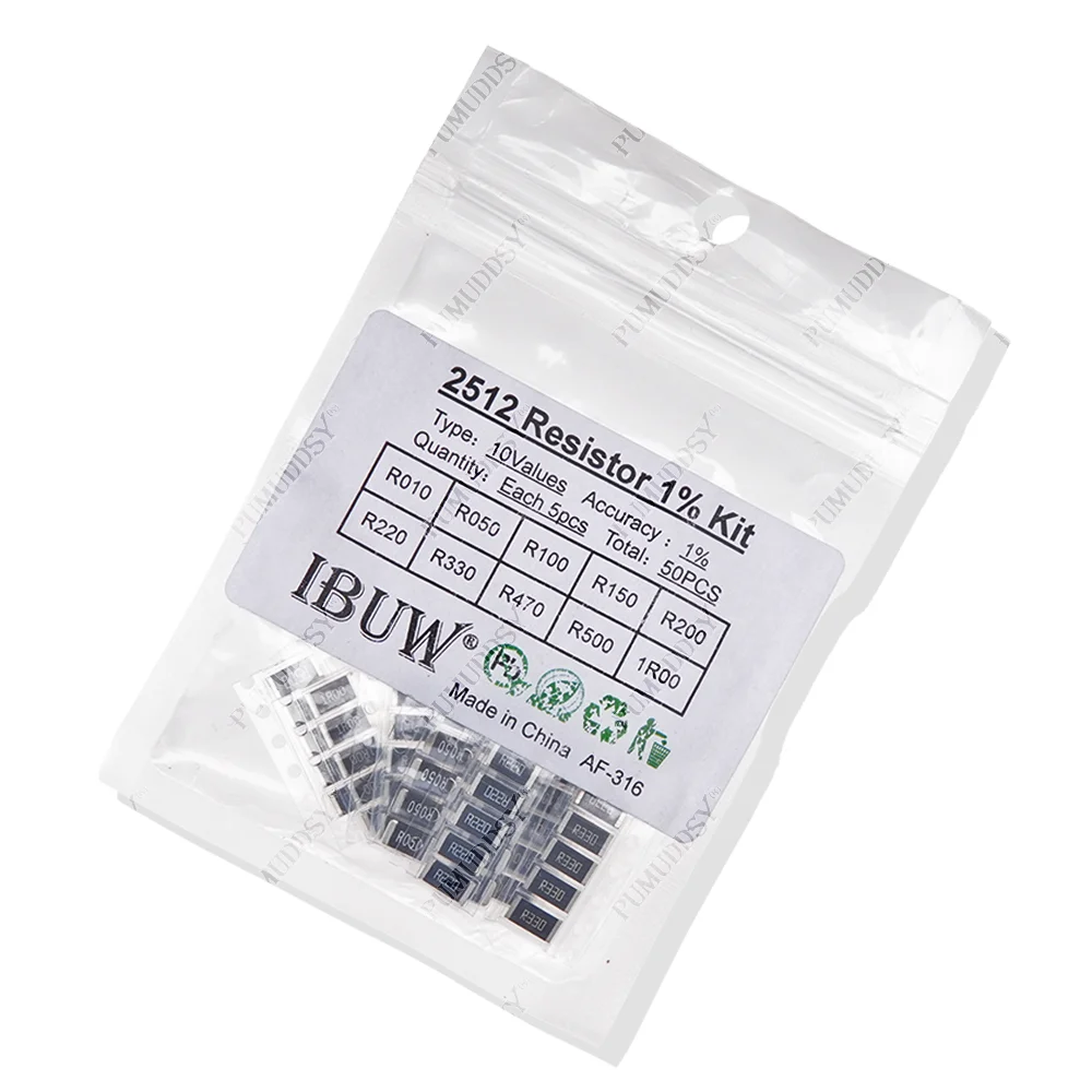 50 قطعة 1% 2512 مقاوم SMD عينات عدة 10ValueX5PCS = 50 قطعة 1R00 R500 R470 R330 R220 R200 R150 R100 R050 R010