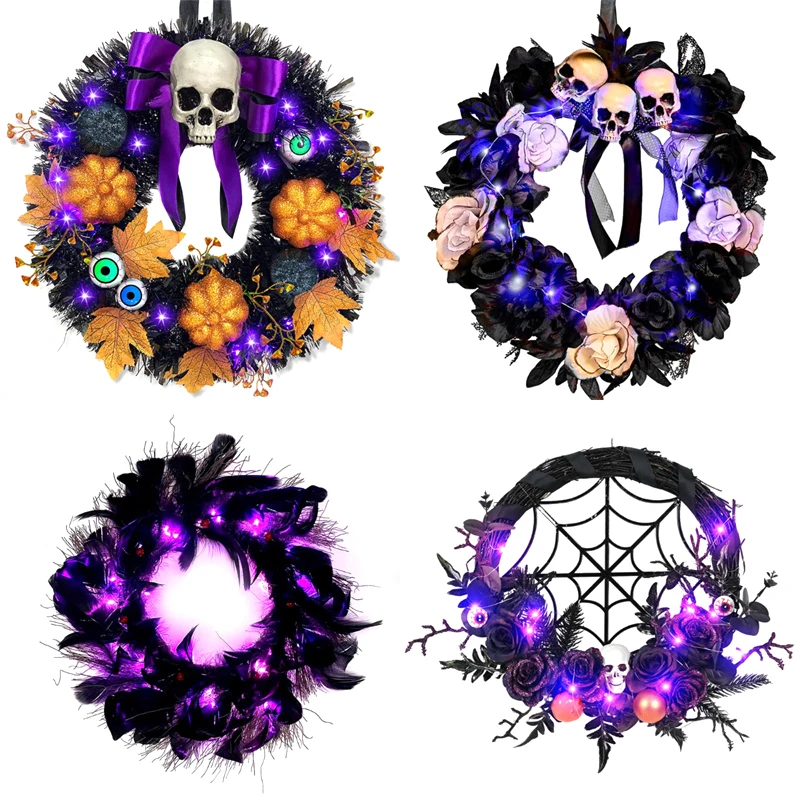 LED Purple Light Wreath With Durable Rope Spooky Party Wreath Battery Operated Halloween Hanging Decor Best Gifts For Front Door