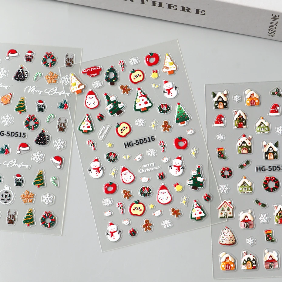 5D Reliëf Cartoon Kerstbomen Sneeuwbloemen Nail Sliders Kerst Huis Sneeuwpop Bedels voor Nail Kerstvakantie Nail Deco