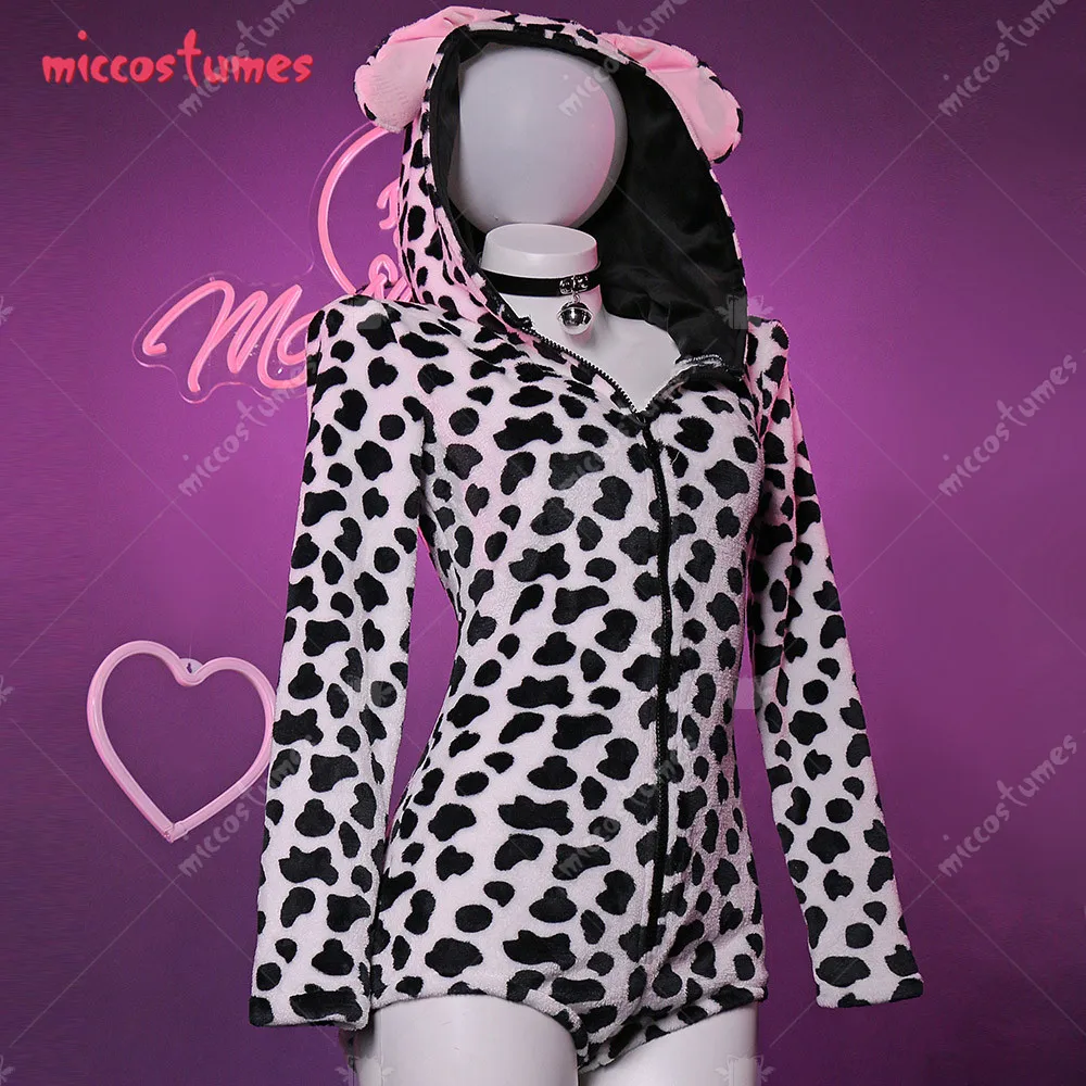 Kawaii Dalmatians Style Fluffy Bodycon Romper Black White Print Onesie Bodysuit Hooded Homewear Jumpsuit with Choker and Socks