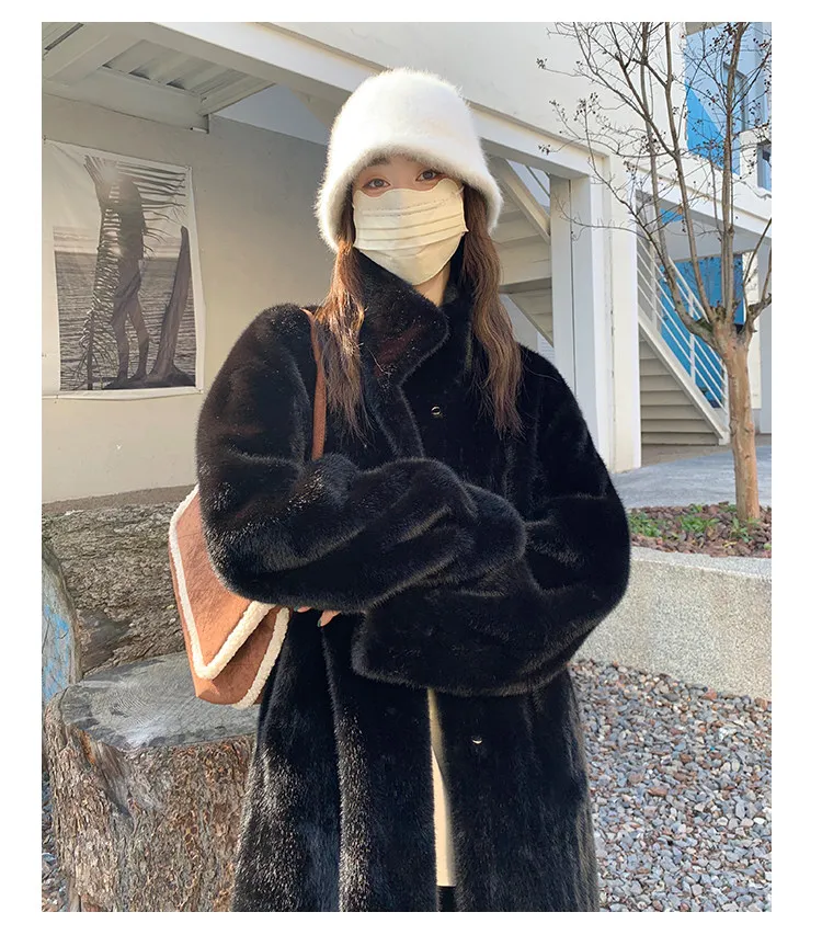 Women's Thick Faux Mink Fur Mid-length Coat Autumn Winter Fashion Stand Collar Plush Outerwear Women Elegant Warm Fluffy Jackets