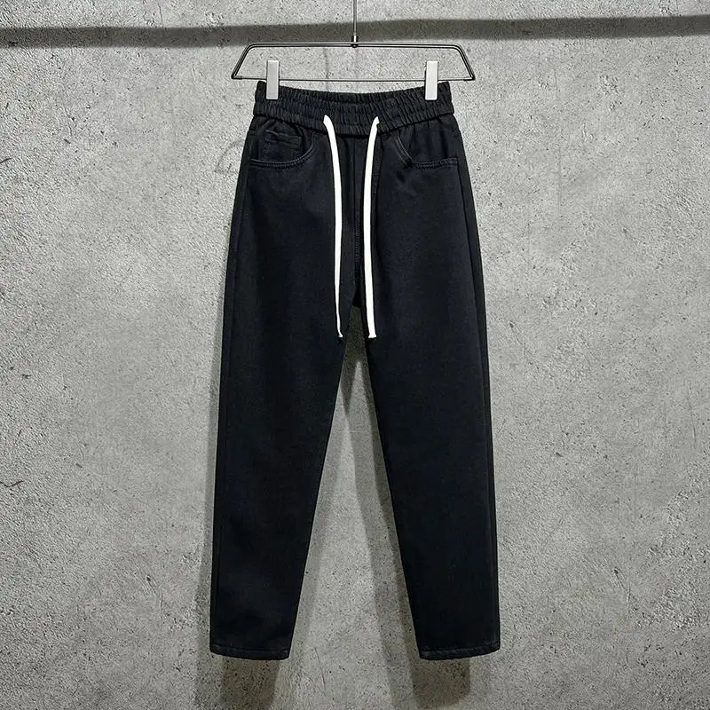 

Retro American Winter Bla Men's Fce Lined High Rise Casual Straight Leg Jeans Drapey Dstring Denim Pants Trendy