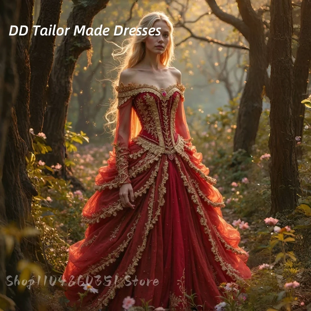 

Vintgae Red With Gold Wedding Dress Historical Medieval Corset Bridal Gown Golden Lace Appliques Ruched Vestidods Customized