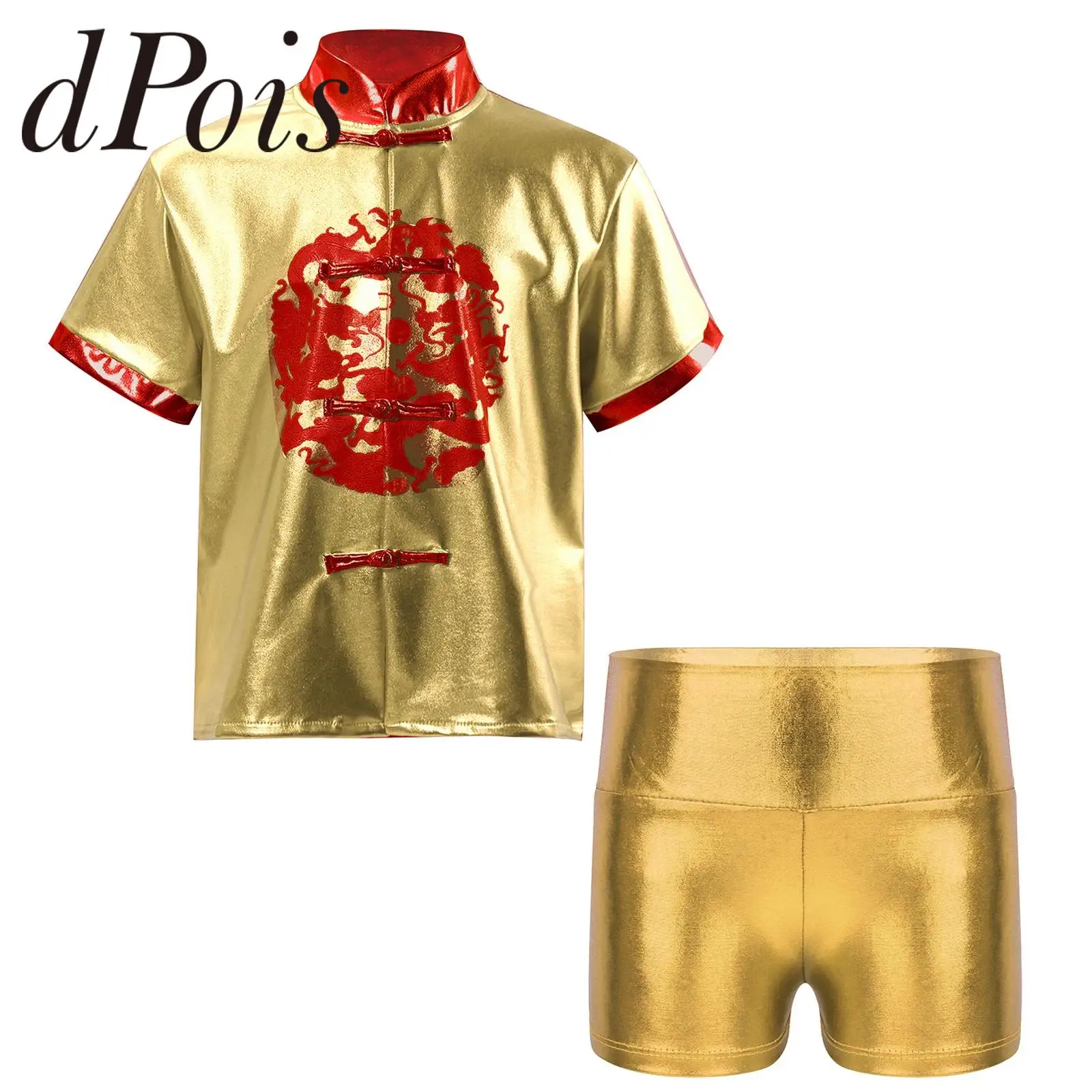 

Kids Boys Traditional Chinese Clothes Kung Fu Martial Arts Sets Children Wushu Costume Dragon Printed Metallic Tops with Shorts