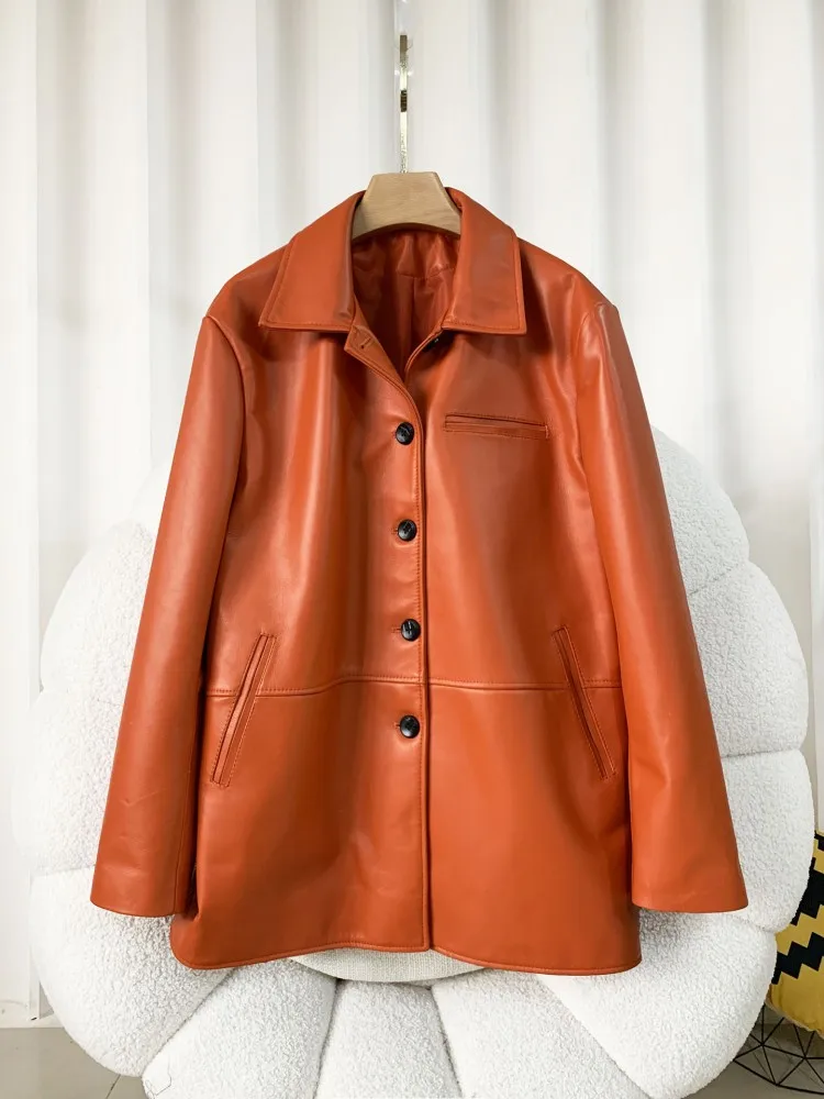 Fashion Women Casual Loose Fit Long Sleeve Genuine Leather Jacket Turn Down Collar Single Breasted Sheepskin Medium Length Coat