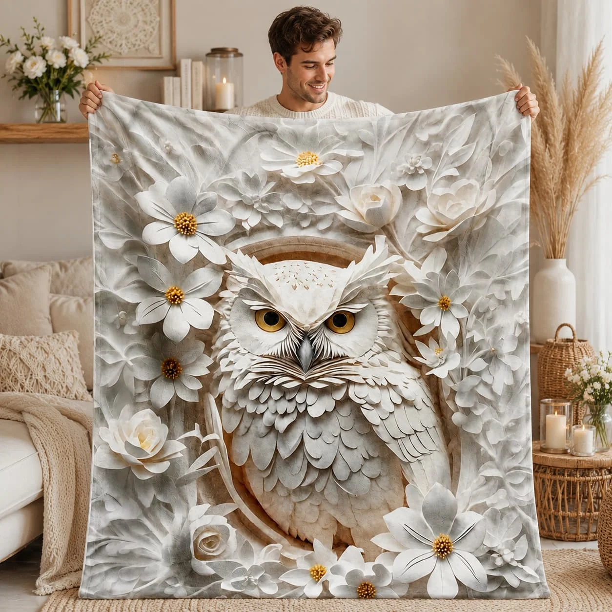 2D Flat Printing Fluffy Blanket White Owl Relief Print Throw Blanket, Fantasy Boho Comfortable Soft Bedding Bed Blanket, King Queen Style Sofa Lunch Blanket, Winter Warm Blanket, Living Room Bedroom Decoration, Camping, Birthday Gift, 2D Flat