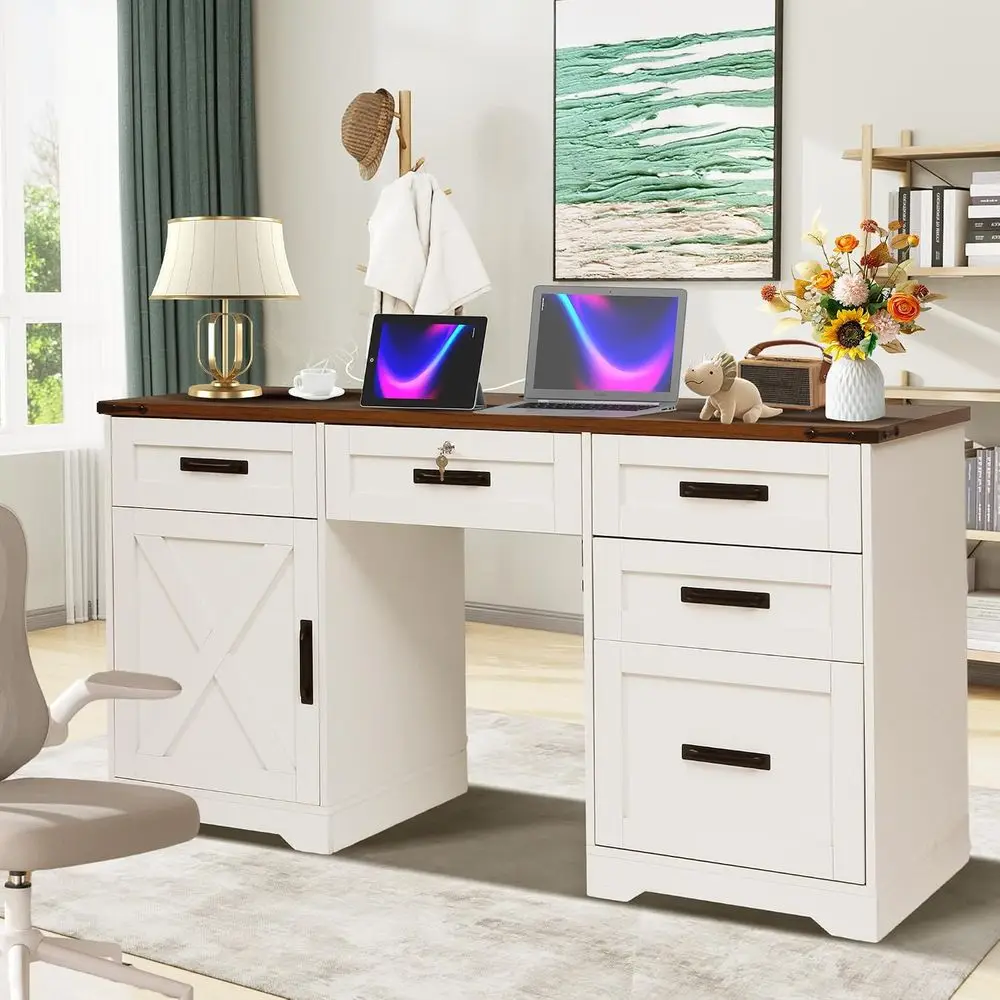 

60 Antique White Desk with Drawers, Executive Office Desk featuring Charging Station, Keyboard Tray, and Filing Cabinet for Home