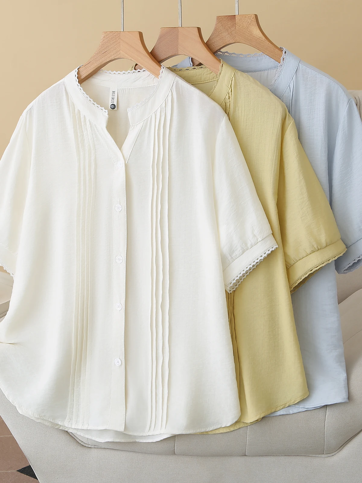 Korean Style Simple Pleated Short Sleeve Pure Color Shirt V-Neck Design Loose Fit Women's Casual Shirt Summer 2026