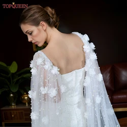 TOPQUEEN VG110 Bridal Shawl Wedding Cape White Flowers With Pearls Draped Newly Designed Cape for Wedding Dress DIY Bolero Women
