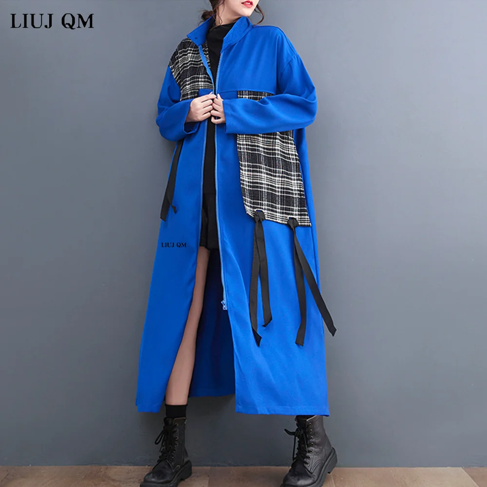 

Oversized Vintage Spliced Long Trench Coat For Women New Stand Collar Casual Loose Outerwear Fashion Clothes Spring Autumn 2024