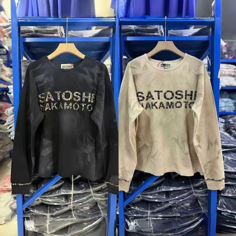 Men Women Satoshi Rhinestone Long Sleeve Shirt Washed Distressed Tie Dye Hip Hop Loose Casual Tee