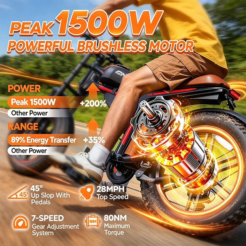 QNUT BK20 Electric Bike 1500W Peak Motor 48V 18Ah Removable Lithium Battery 20x4.0 Inch Fat Tire Retro Ebike Max 27MPH Dual Disc Brakes 7 Speed Off Road Commuting Mountain E Bike US Warehouse 1 Year Warranty image 6
