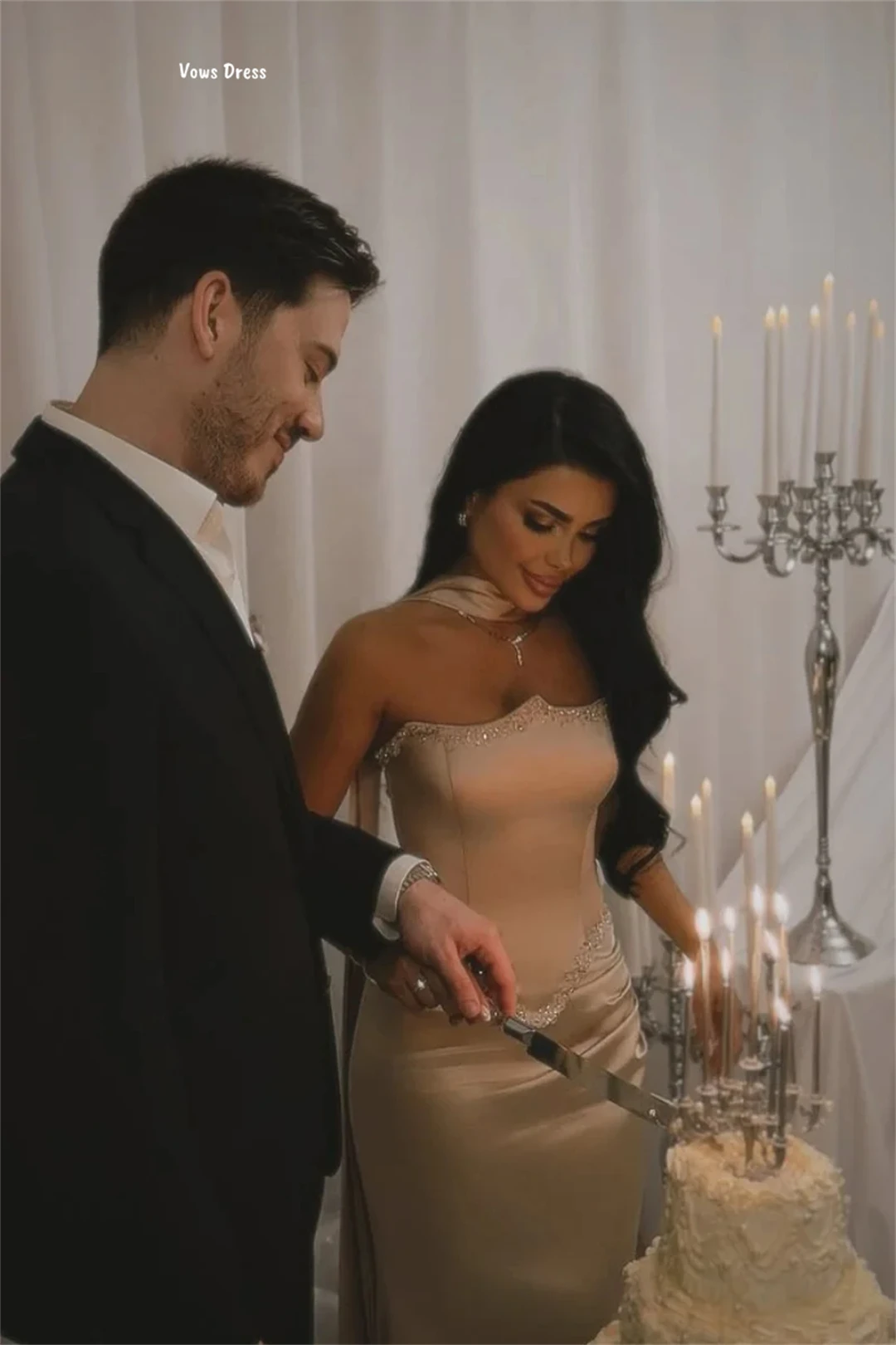 Vows 피쉬테일 스커트 우아한 이브닝 파티 드레스 여성용 새틴 천 여성용 이브닝 드레스 2025 맞춤 제작 비즈 자수