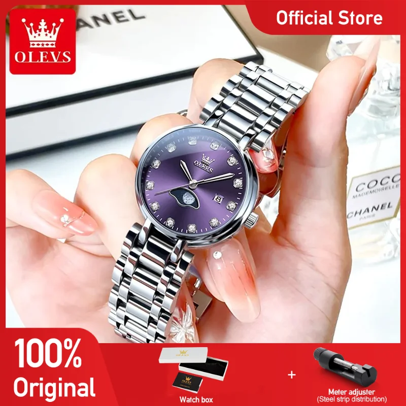 

OLEVS 5573 Women Watch Luxury Original Moon Phase Quartz Watch Waterproof Luminous Date Ladies Watch Box Gifts Bracelet Set
