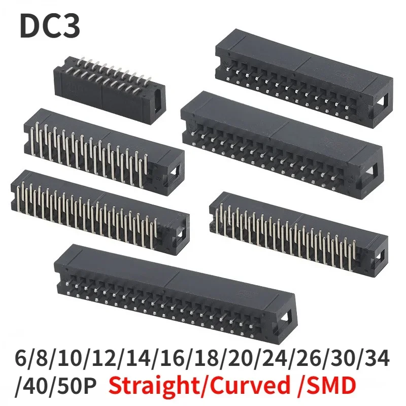 Connecteur IDC double prise, 2.54mm, DC3, 6 P, 8 P, 10P, 12 P, 14 P, 16 P, 18 P, 20 P, 24 P, 26 P, 30 P, 34 P, 40 P, 50P, 10 pièces aiguille droite