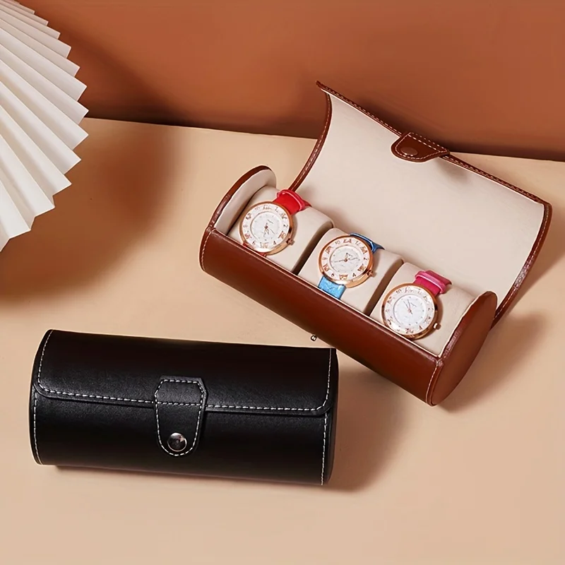 Portable Cylinder Watch Storage Box, 3-digit PU Leather Round Case, Convenient Snap Fastener, Ideal for Traveling