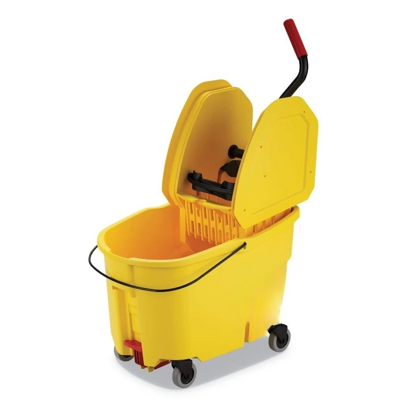 WaveBrake Combo de cubo y llave para fregona con prensa descendente de 44 QT con ruedas y drenaje de pie amarillo para Heav