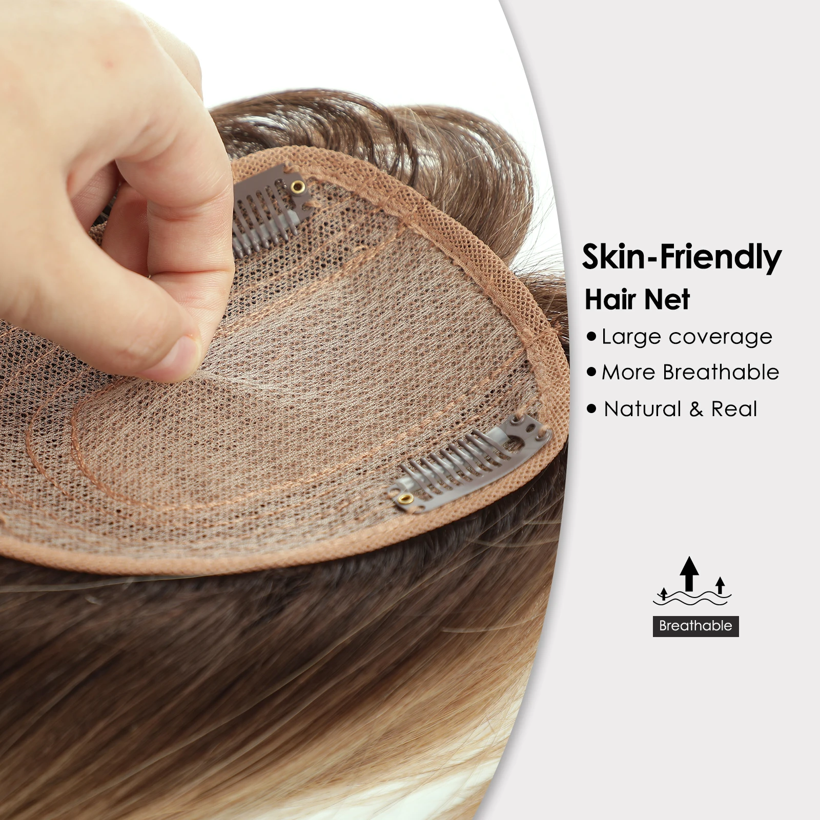 Brown Ombre 100% Human Hair Toppers with Bangs 14 Inch Clip In Remy Hairpieces for Women Dark Root Hair Extensions Daily Party