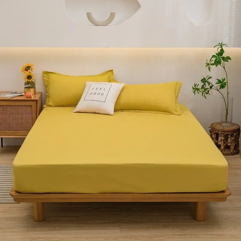 

Solid color washed cotton full coverage bed sheet, anti slip mattress protective cover 101