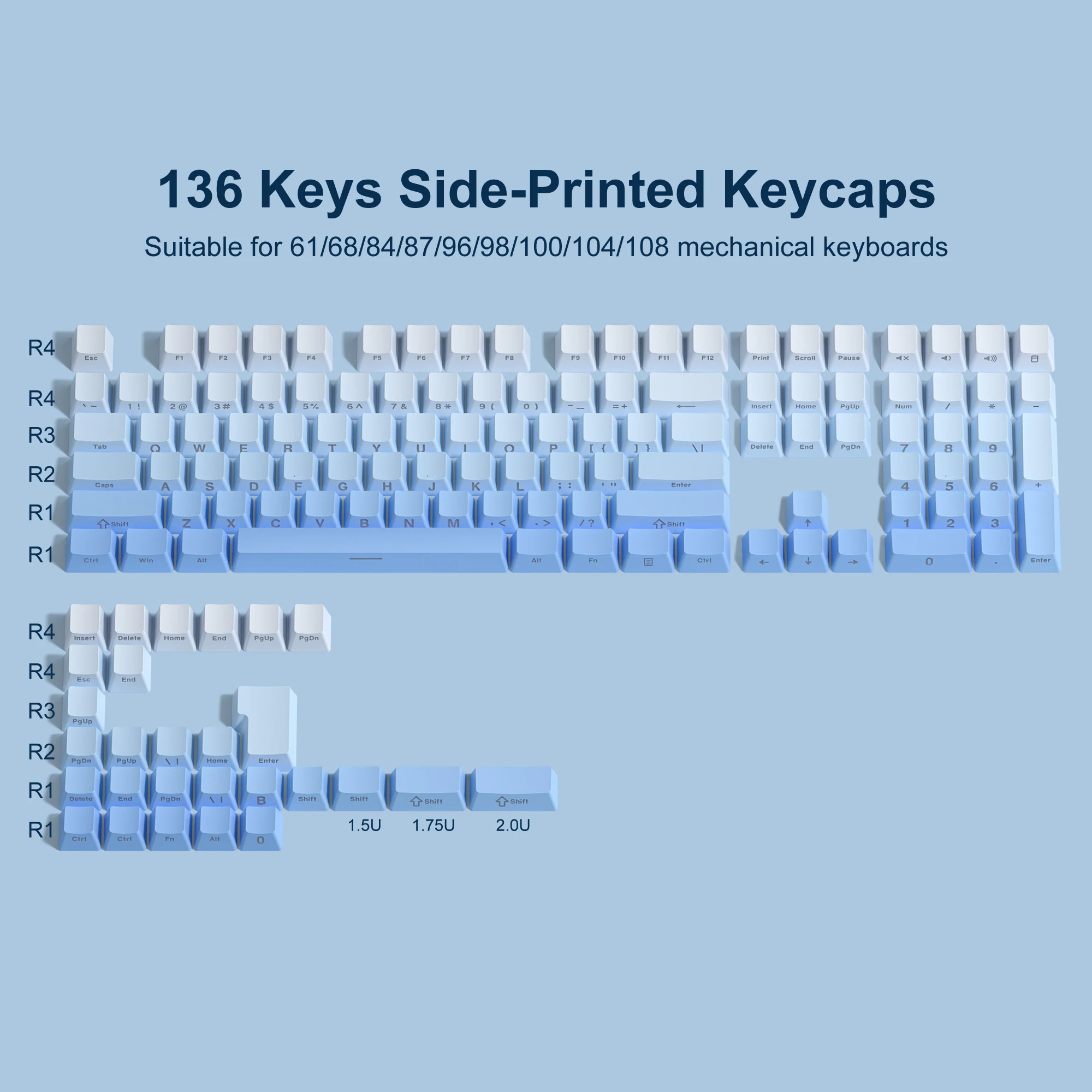 136 Key Gradient Blue Side Printed PBT Keycaps Shine Through Cherry Profile Double Shot Backlit Key Cap For Mechanical Keyboard