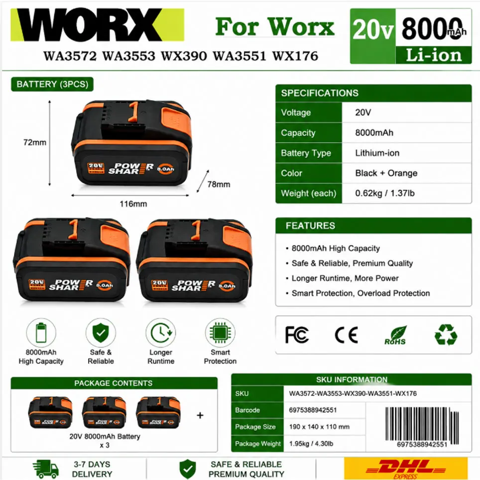 WA3553 20V 8000mAh Li-Ion Akku-Ersatzbatterie für Worx Elektrowerkzeuge WA3551 WX390 WX176 WX178 WX550 WX386 WX678 WG894E