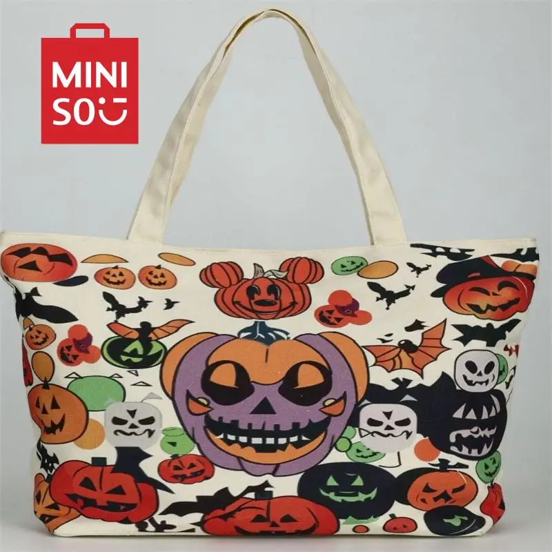 

MINISO Halloween tote bag large capacity canvas new single shoulder gift bag casual versatile bag pumpkin shopping bag