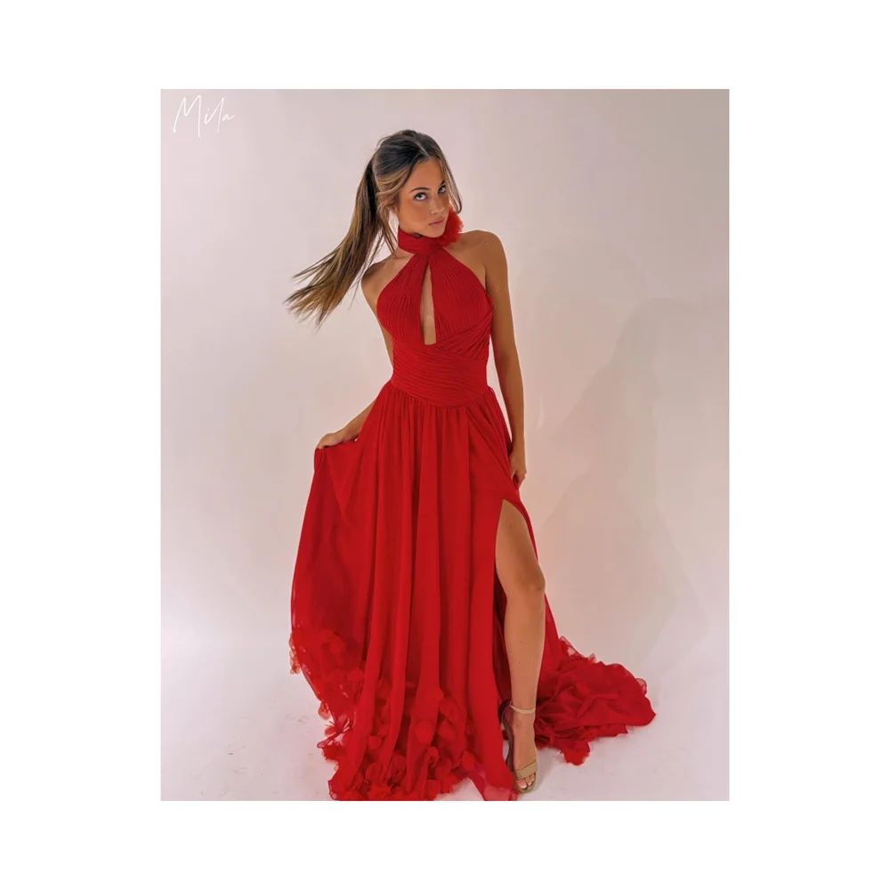 

Mila Red Halter Neck Prom Dress Customized Sleeveless Side High Split Evening Dresses Multilayer Pleats vestidos de fiesta