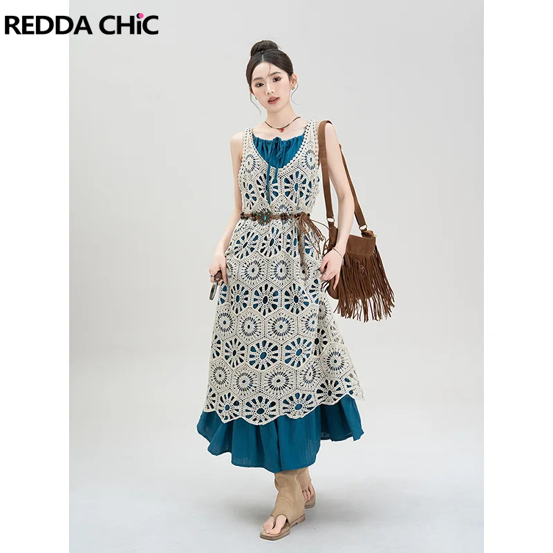 

REDDACHiC Boho платье с поясом и рюшами по подолу, женский комплект, вязаное крючком платье с копчиками, длинное платье миди, праздничная повседневная летняя одежда