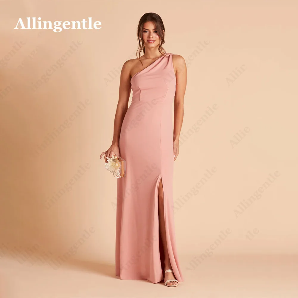 

Allingentle Chiffon One Shoulder Ruched Bridesmaid Gown for Wedding Sleeveless A-Line Side Slit Party Gowns Maid of Honor Dress